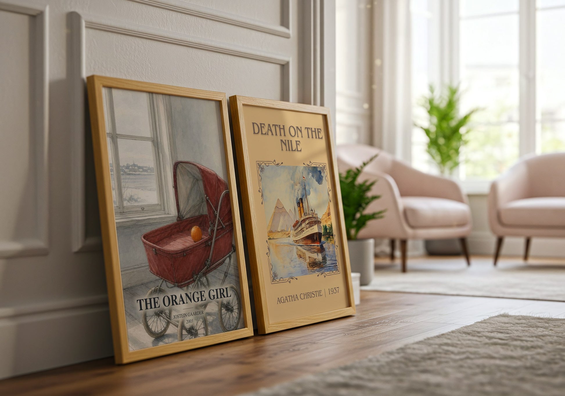 The Orange Girl watercolour print framed by window – literary home decor
