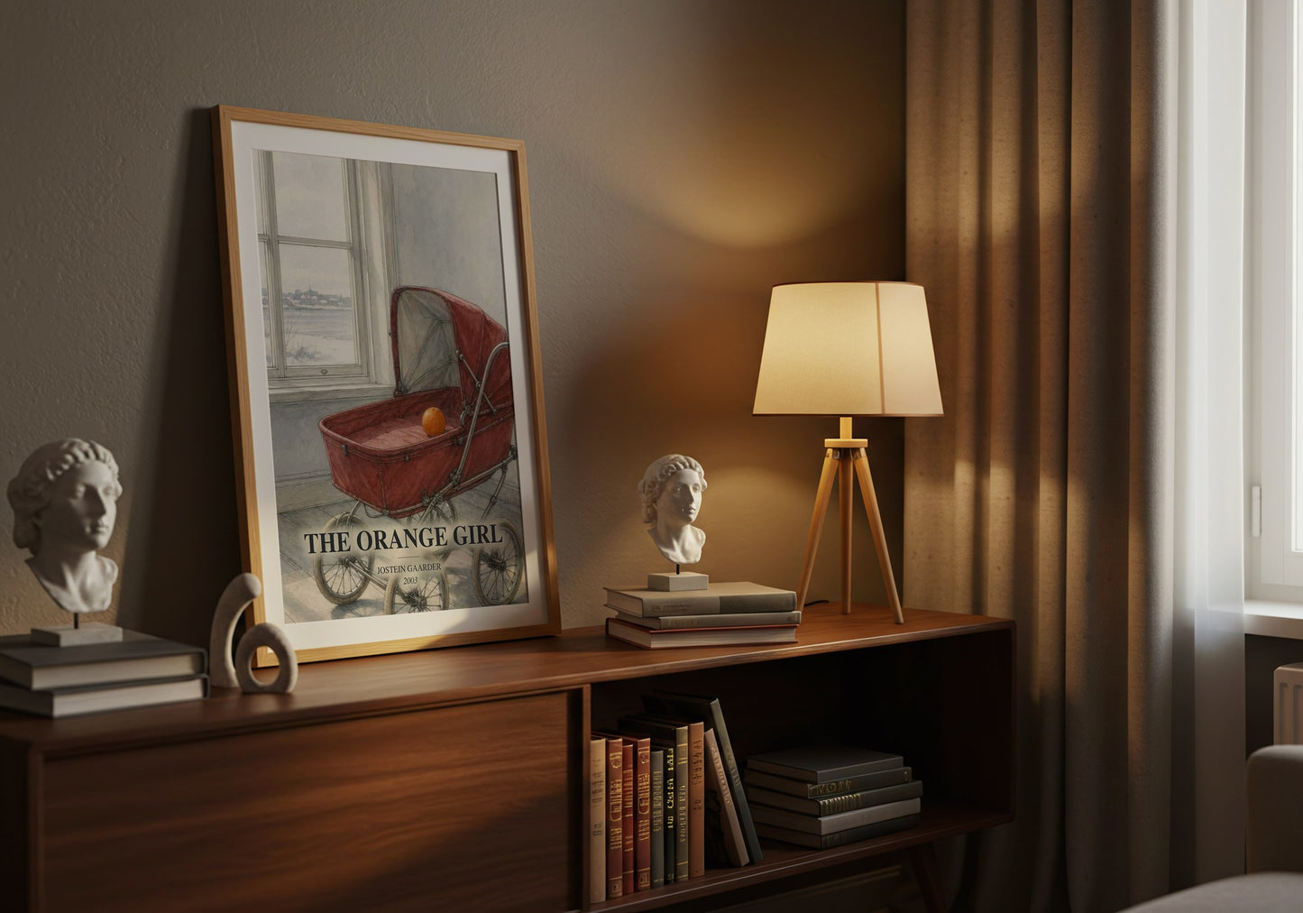 The Orange Girl watercolour print on bookshelf – Jostein Gaarder fan gift