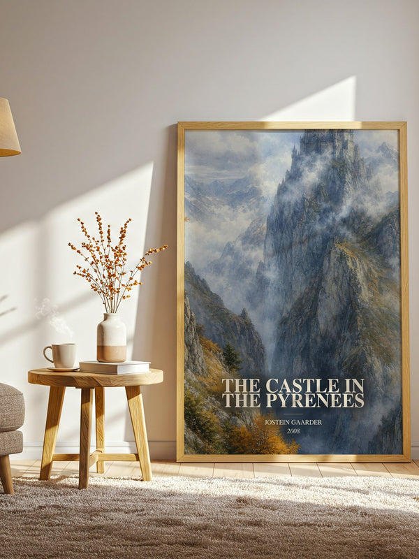 The Castle In The Pyrenees watercolour print in frame leaning in hallway – literary fiction wall art