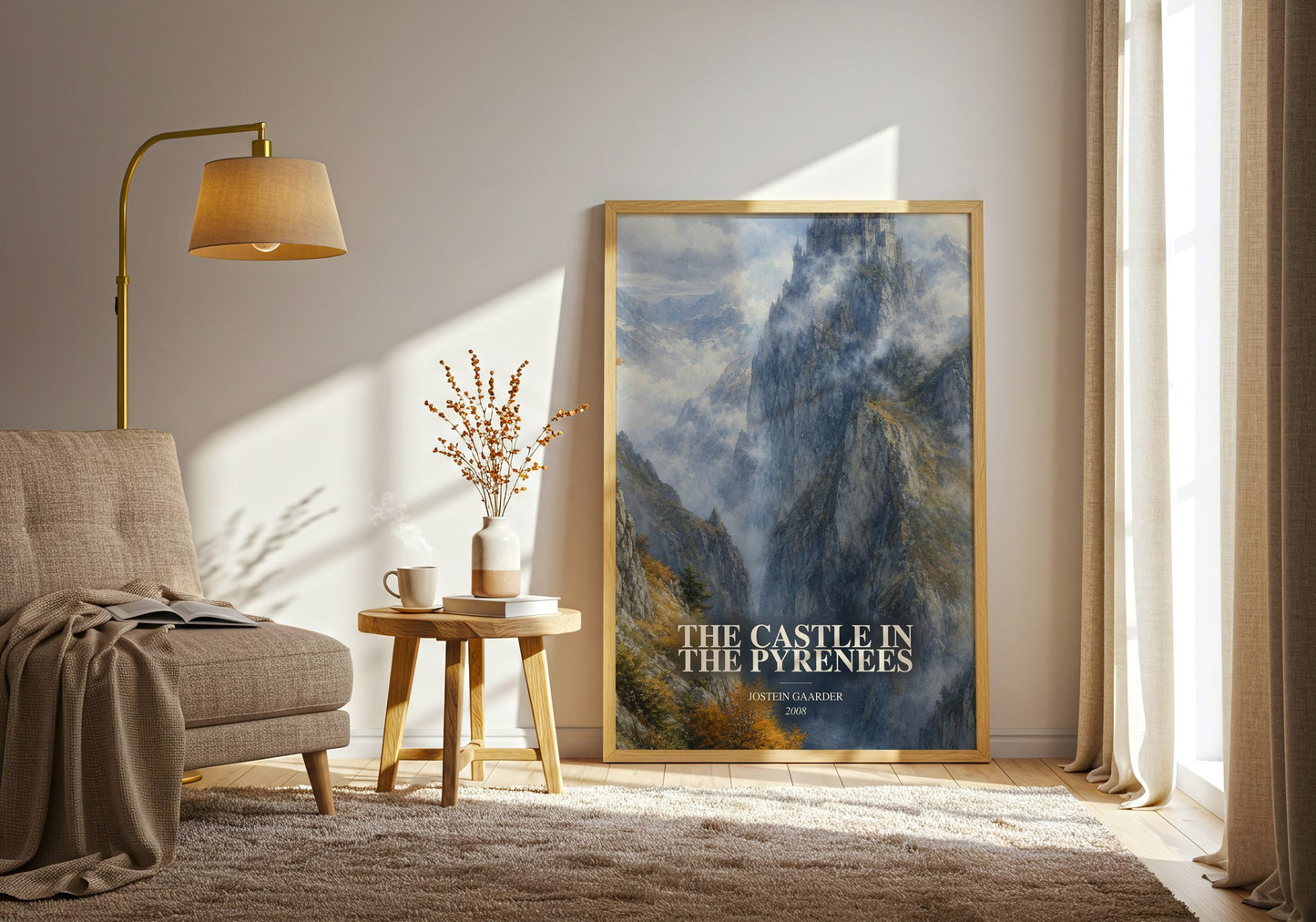 The Castle In The Pyrenees watercolour print in frame leaning in hallway – literary fiction wall art