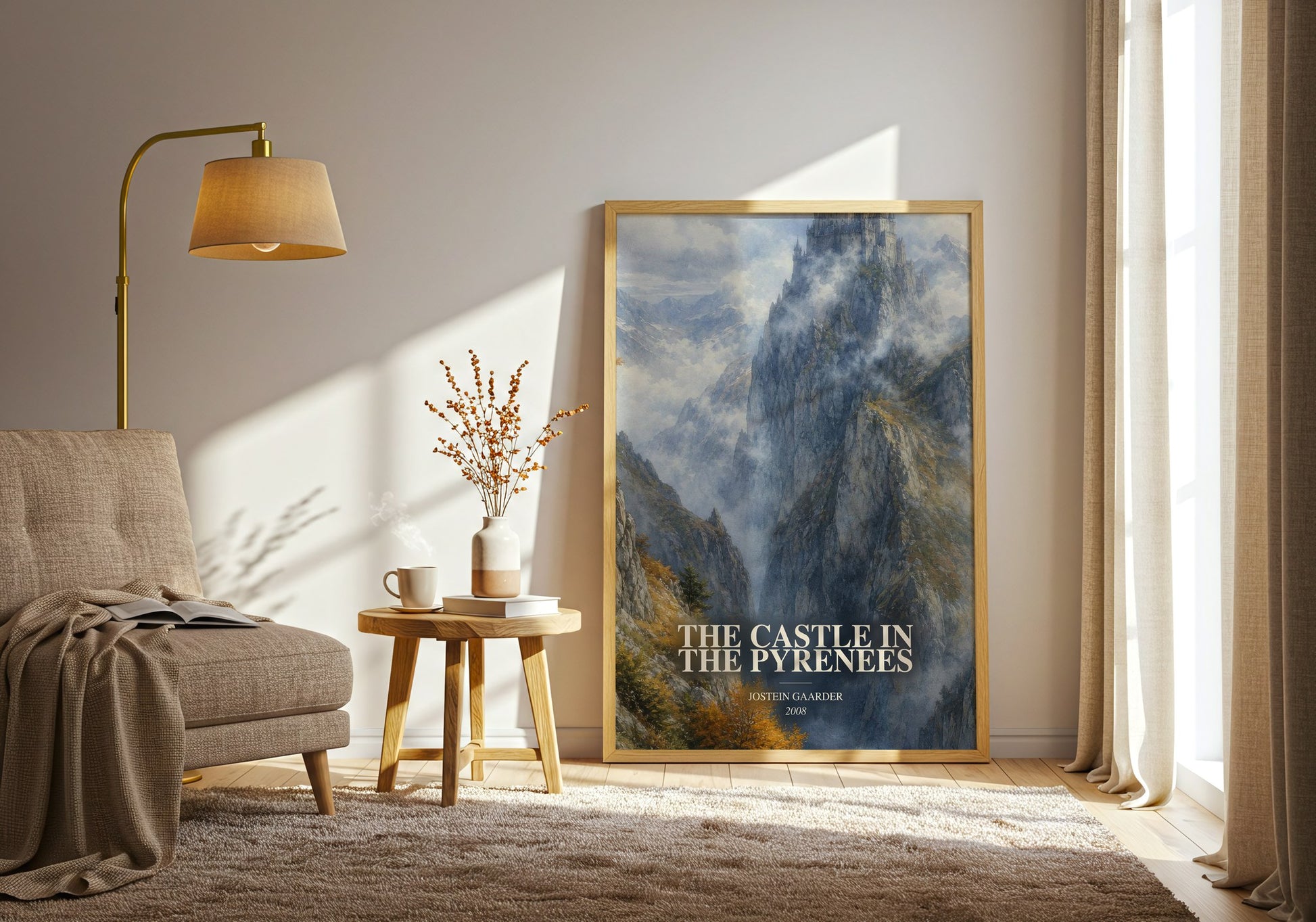 The Castle In The Pyrenees watercolour print in frame leaning in hallway – literary fiction wall art
