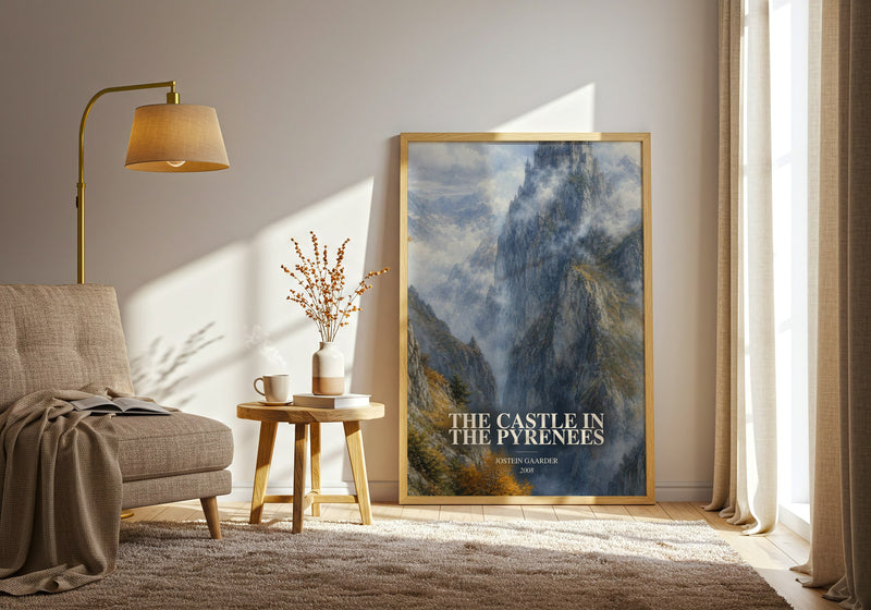 The Castle In The Pyrenees watercolour print in frame leaning in hallway – literary fiction wall art