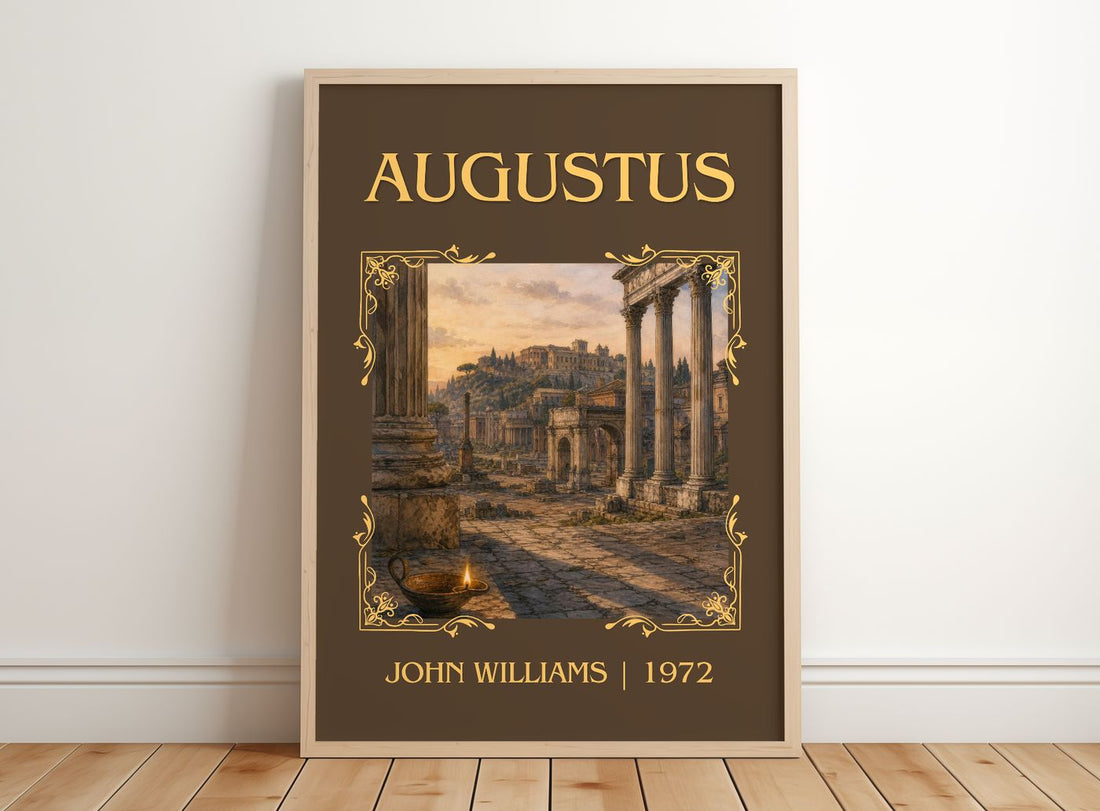 Augustus Classic Book Art Print by John Williams – framed print leaning on a wooden floor