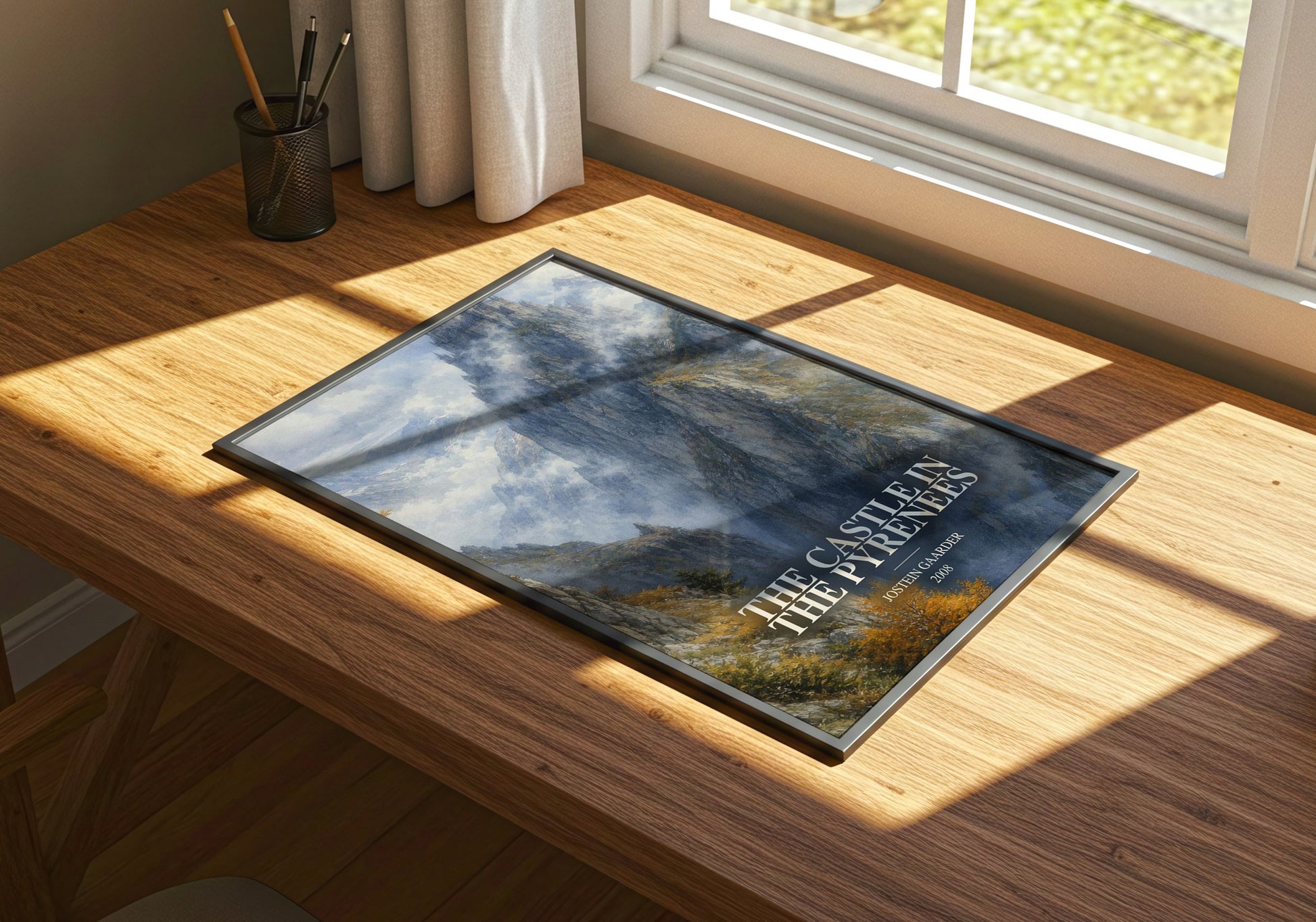 The Castle In The Pyrenees watercolour book poster framed on wall – literary fiction wall art