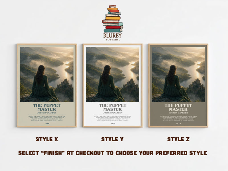 The Puppet Master bookish print in frame leaning in hallway – contemporary fiction wall art
