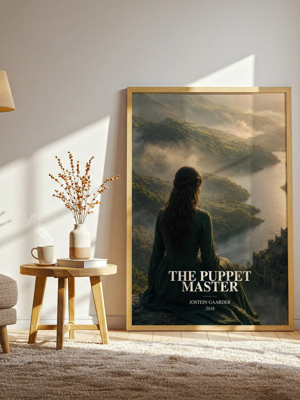 The Puppet Master watercolour print in frame leaning in hallway – contemporary fiction wall art