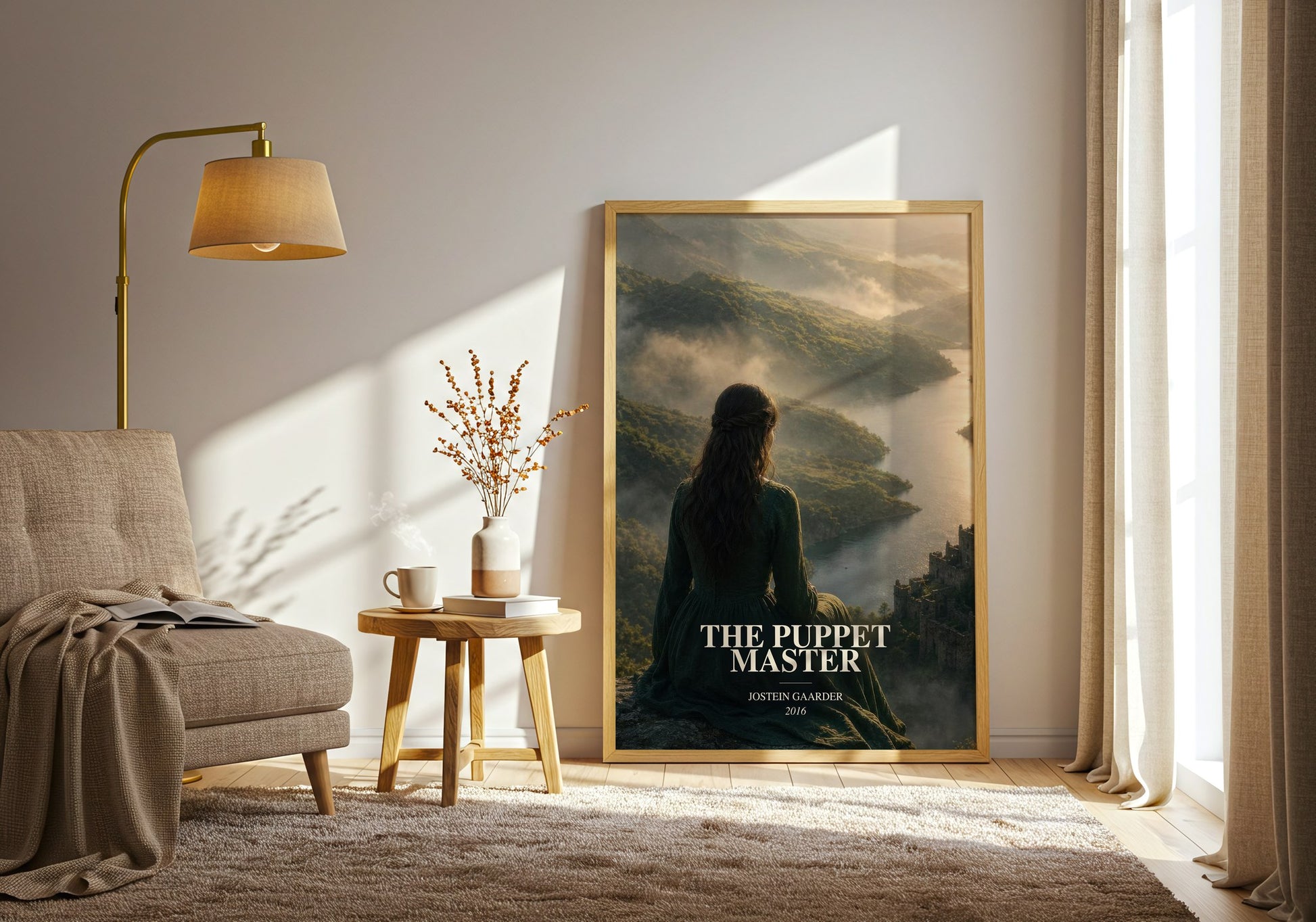 The Puppet Master watercolour print in frame leaning in hallway – contemporary fiction wall art
