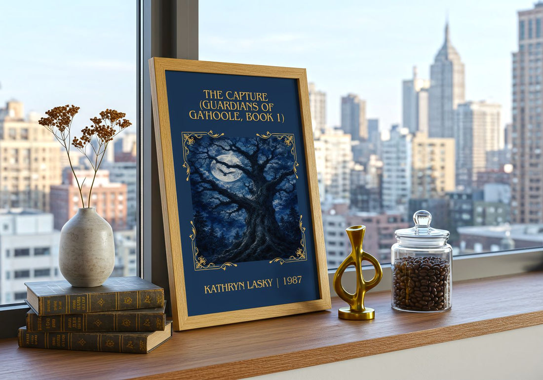 The Capture (Guardians of Ga'Hoole, Book 1) Classic Book Art Print by Kathryn Lasky – framed print on a city-view windowsill