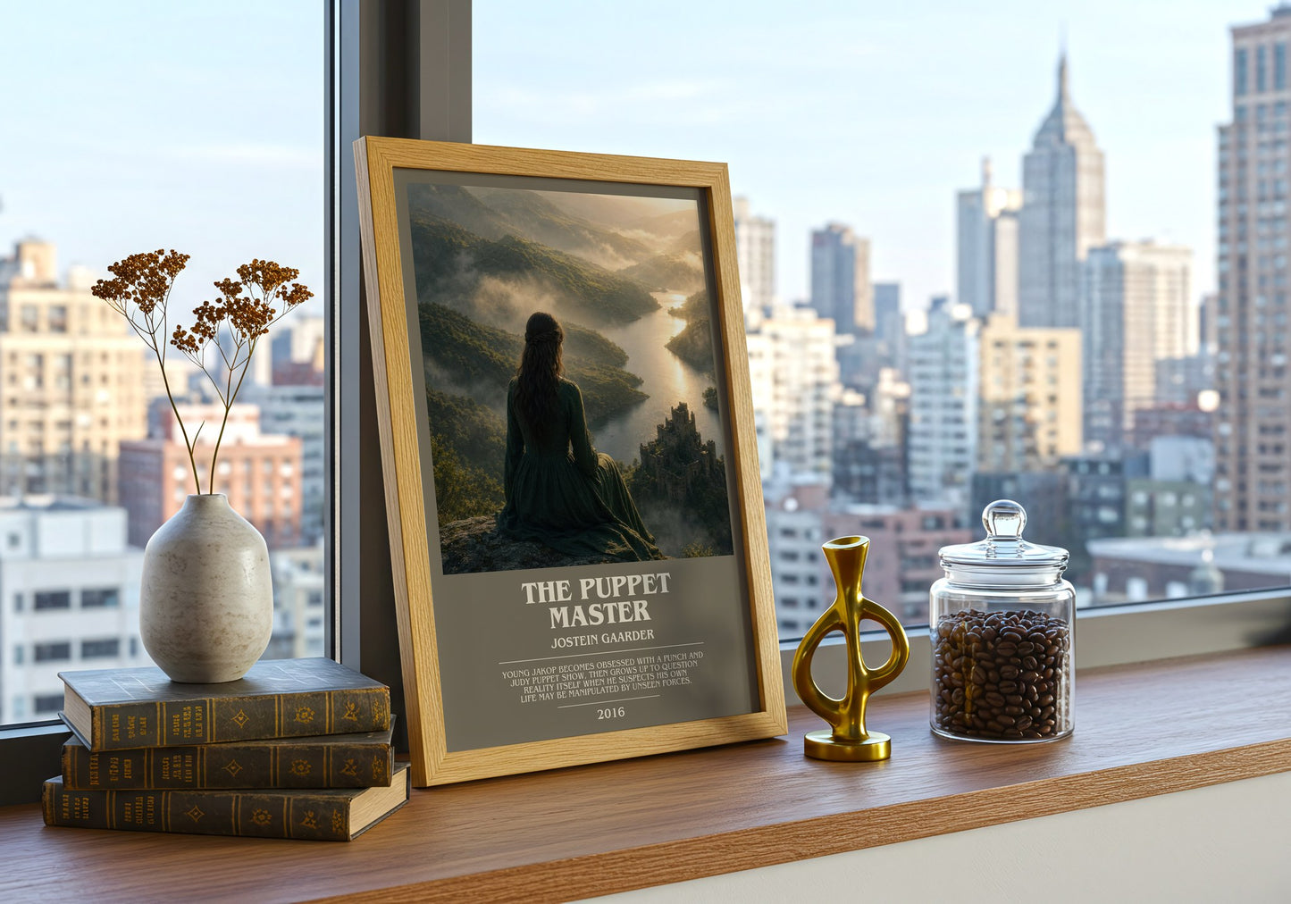 The Puppet Master bookish print framed by window – literary home decor