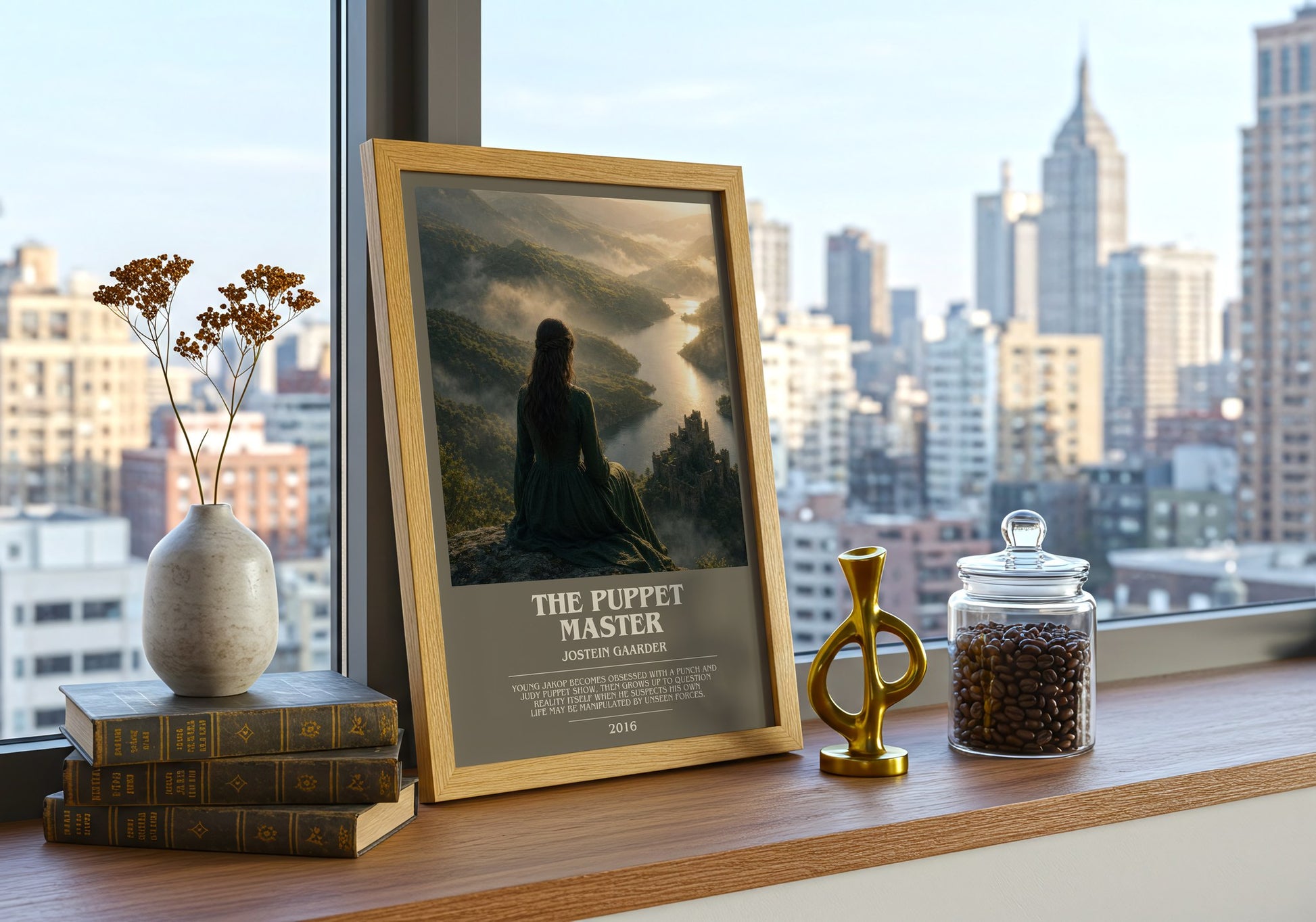 The Puppet Master bookish print framed by window – literary home decor