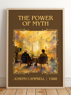 The Power of Myth Classic Book Art Print by Joseph Campbell – framed print leaning on a wooden floor