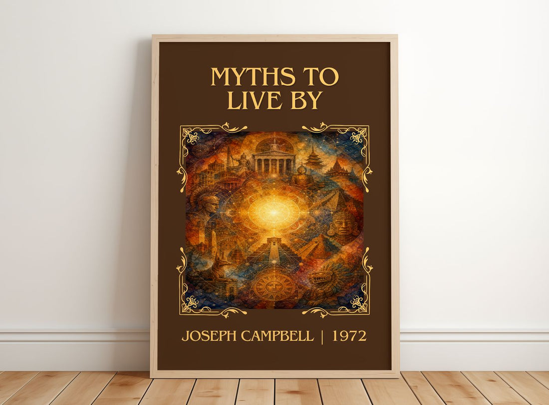 Myths to live by Classic Book Art Print by Joseph Campbell – framed print leaning on a wooden floor
