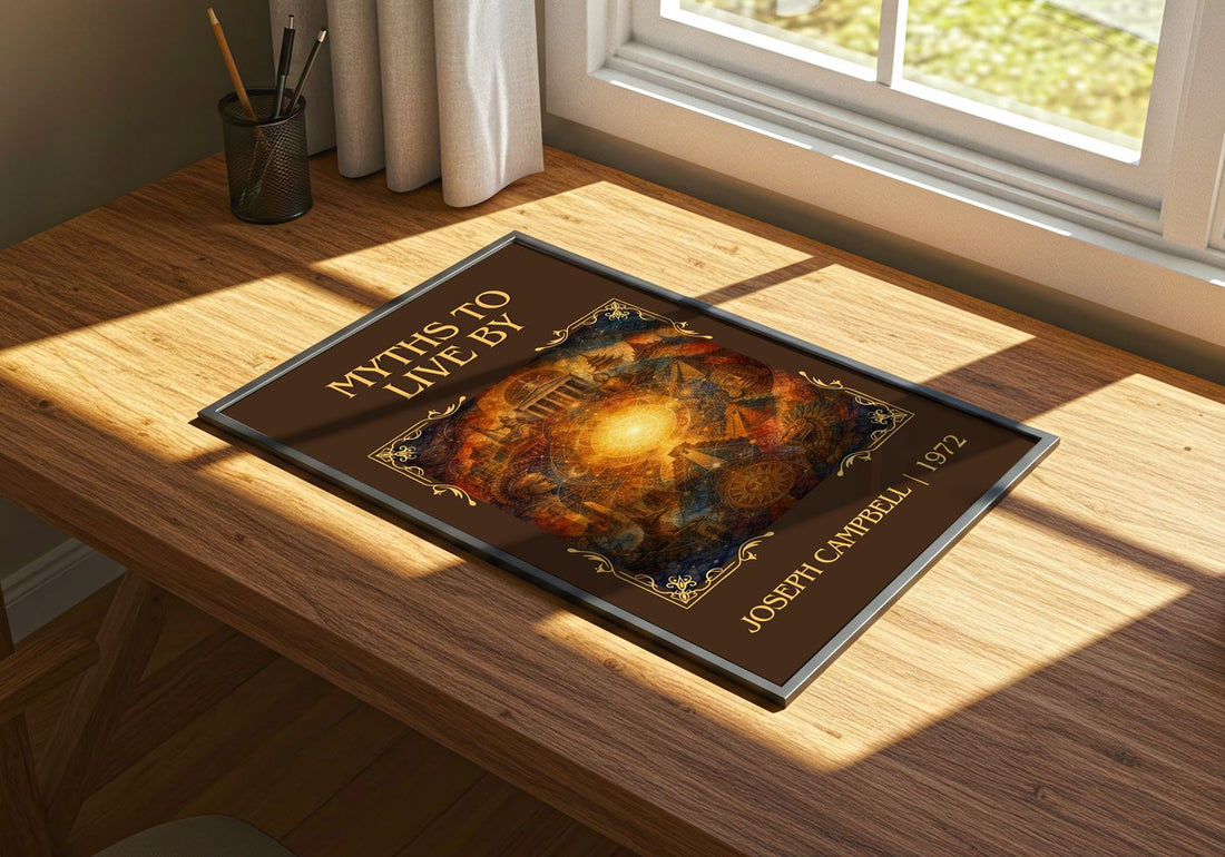 Myths to live by Classic Book Art Print by Joseph Campbell – print on a sunlit desk