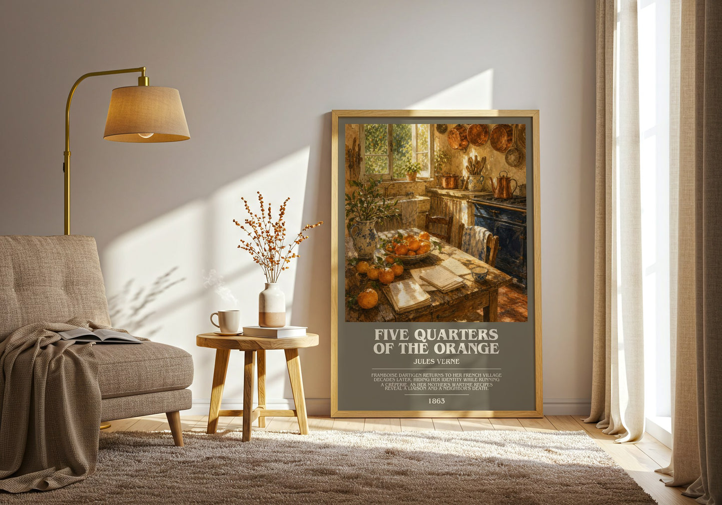 Five Quarters Of The Orange bookish print on bookshelf – Jules Verne fan gift