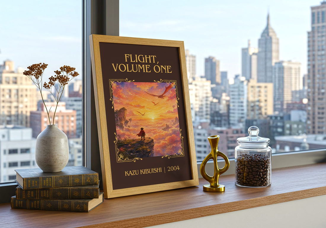 Flight, Volume One Classic Book Art Print by Kazu Kibuishi – framed print on a city-view windowsill