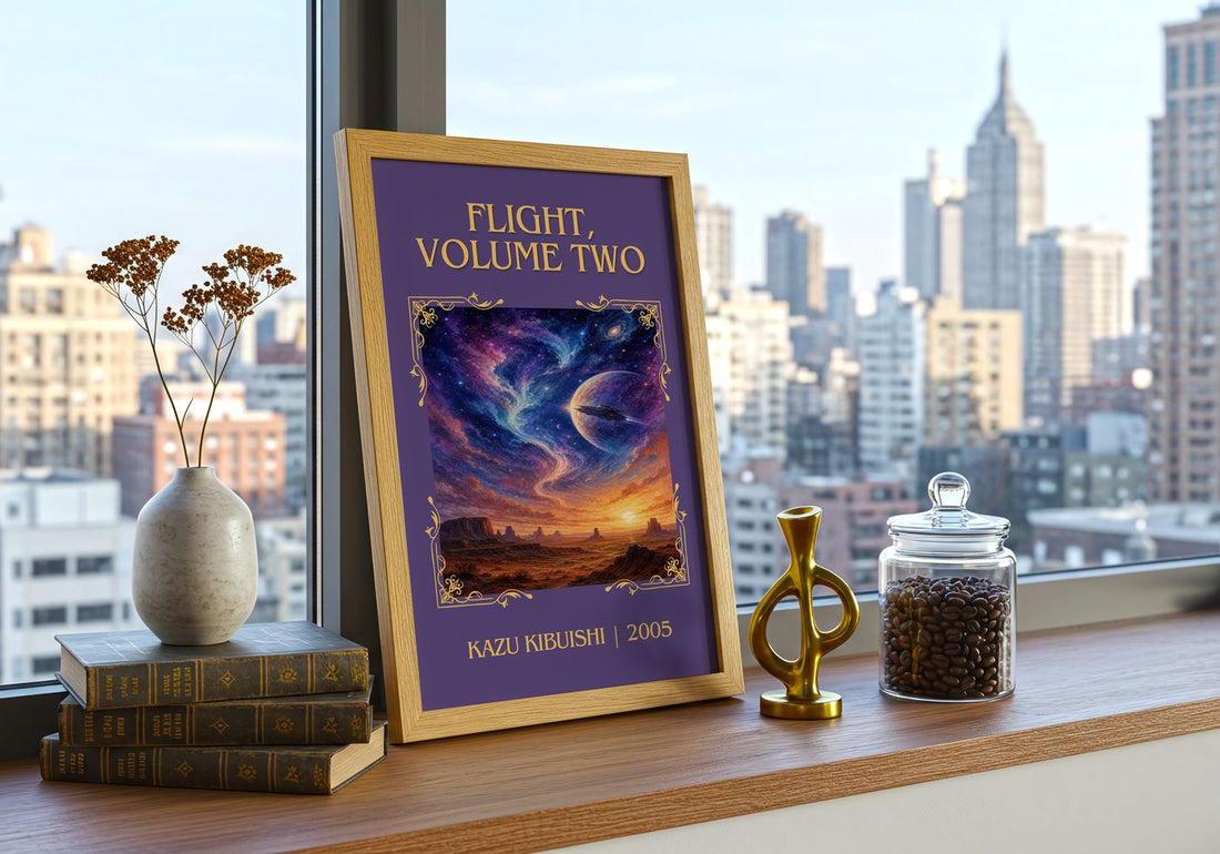 Flight, Volume Two Classic Book Art Print by Kazu Kibuishi – framed print on a city-view windowsill