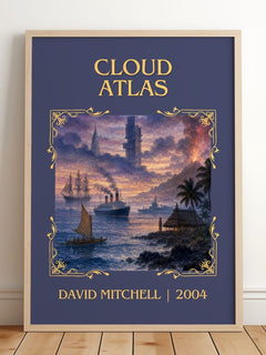 Cloud Atlas Classic Book Art Print by David Mitchell – framed print leaning on a wooden floor