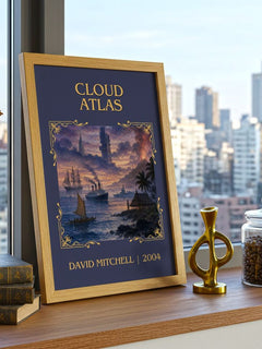 Cloud Atlas Classic Book Art Print by David Mitchell – framed print on a city-view windowsill