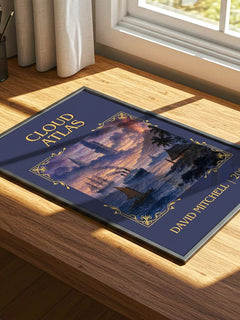 Cloud Atlas Classic Book Art Print by David Mitchell – print on a sunlit desk