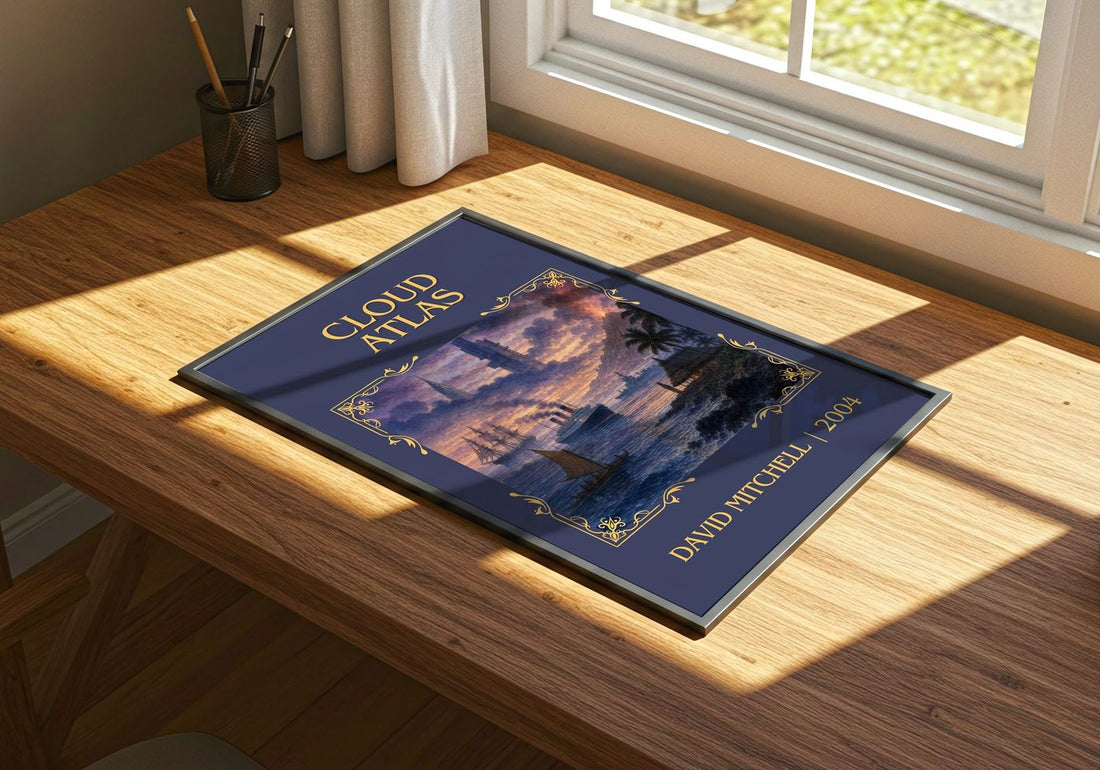 Cloud Atlas Classic Book Art Print by David Mitchell – print on a sunlit desk
