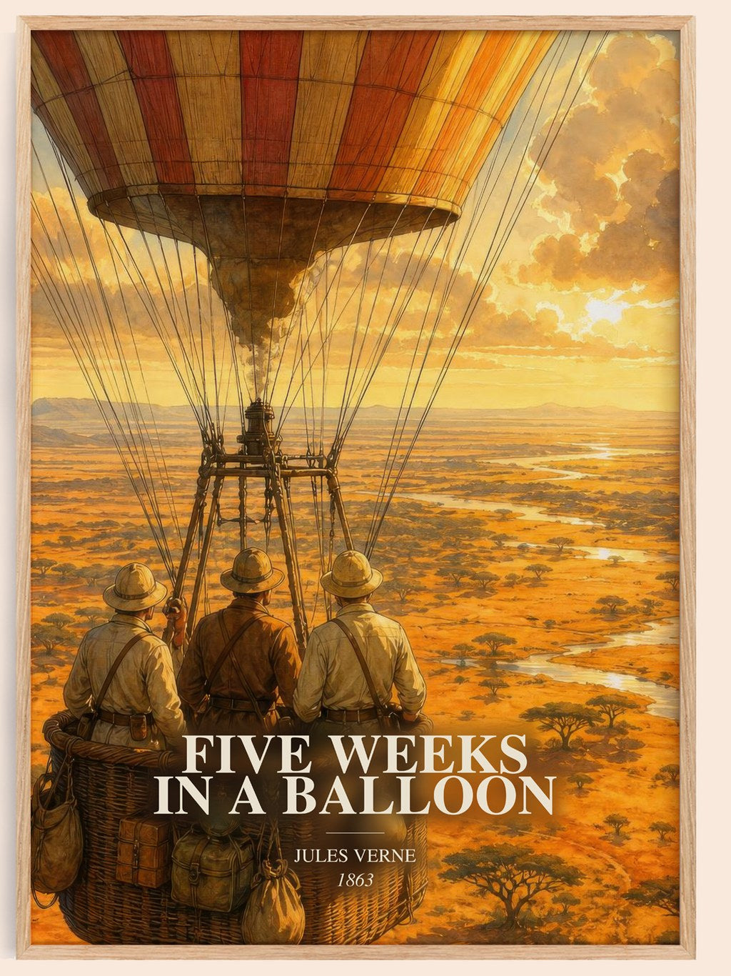 Five Weeks In A Balloon watercolour book poster by Jules Verne – framed literary art print