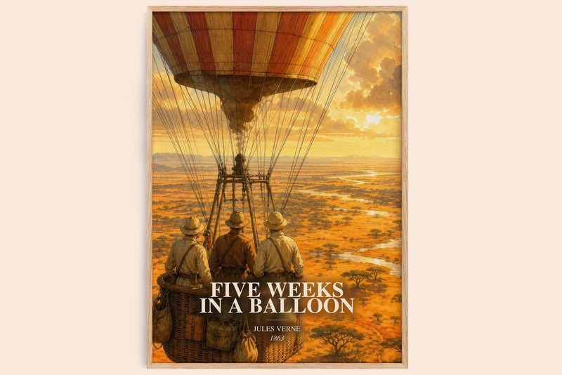 Five Weeks In A Balloon watercolour book poster by Jules Verne – framed literary art print