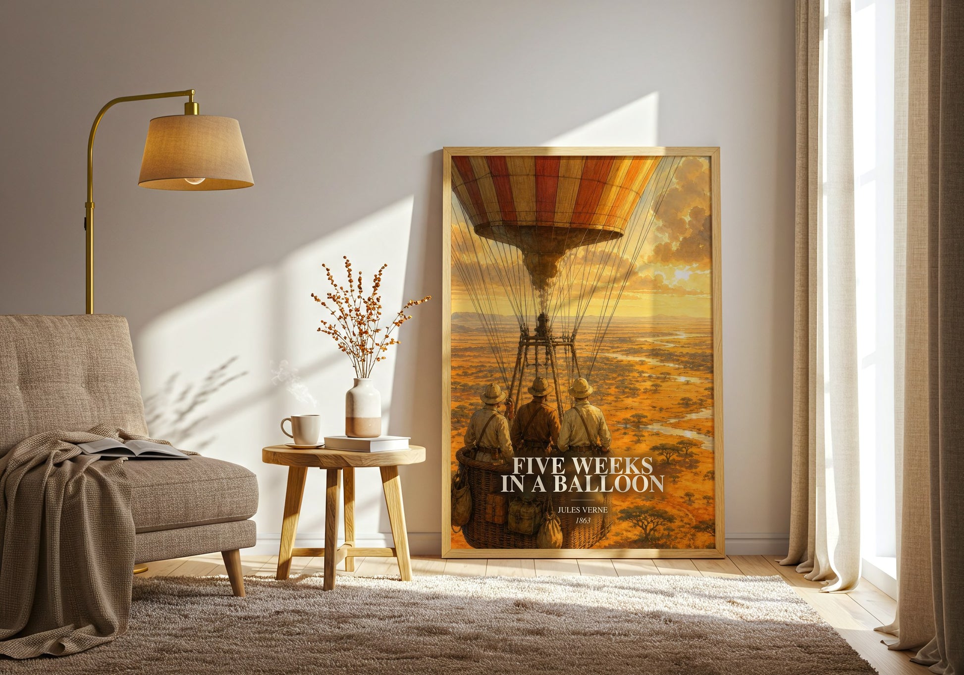 Five Weeks In A Balloon watercolour print in frame leaning in hallway – adventure wall art