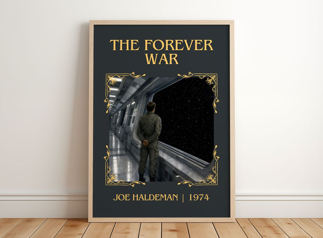 The Forever War Classic Book Art Print by Joe Haldeman – framed print leaning on a wooden floor