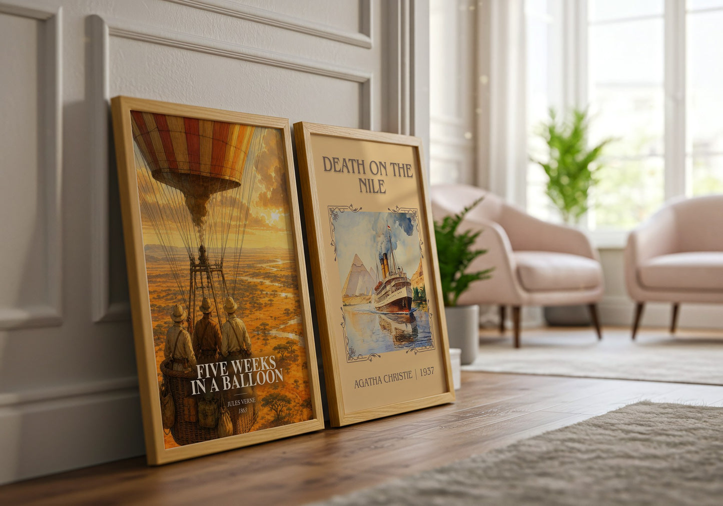 Five Weeks In A Balloon watercolour print framed by window – literary home decor