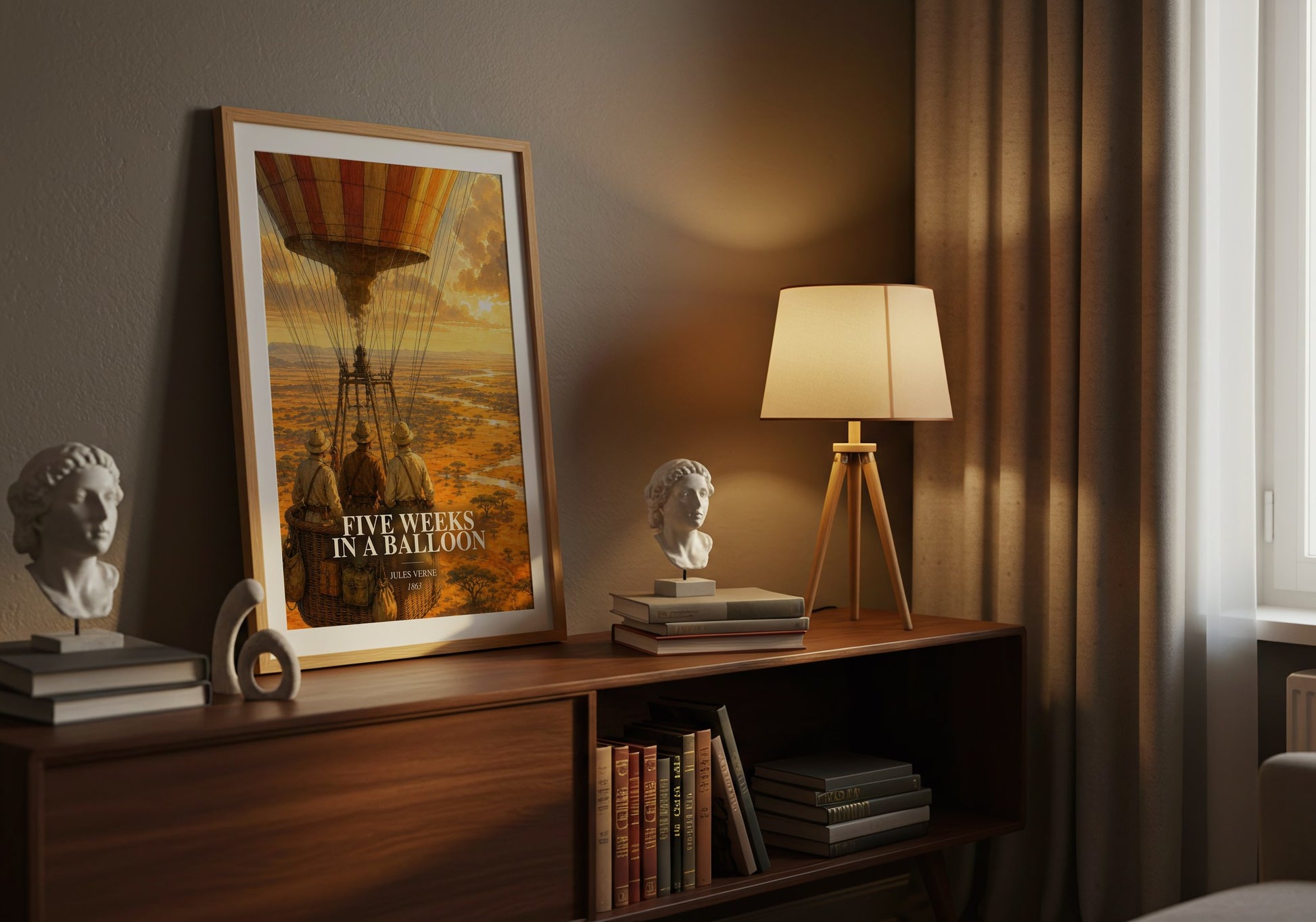 Five Weeks In A Balloon watercolour print on bookshelf – Jules Verne fan gift