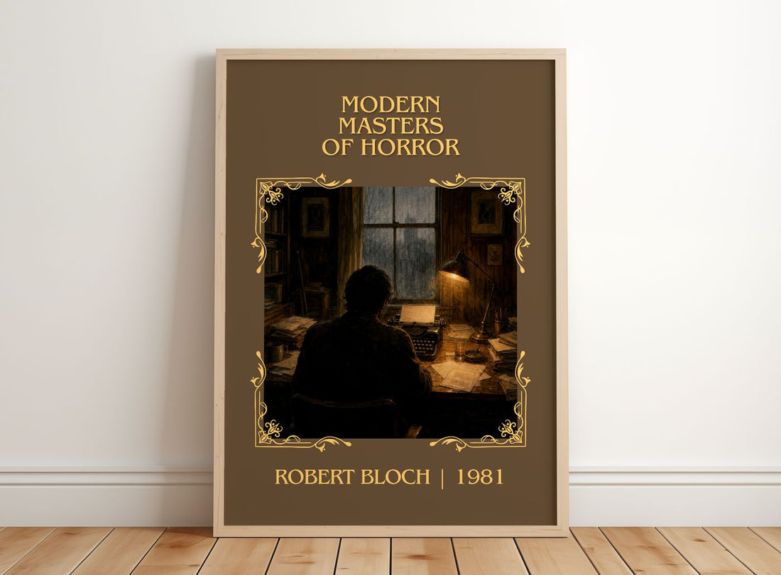 Modern Masters of Horror Classic Book Art Print by Robert Bloch – framed print leaning on a wooden floor