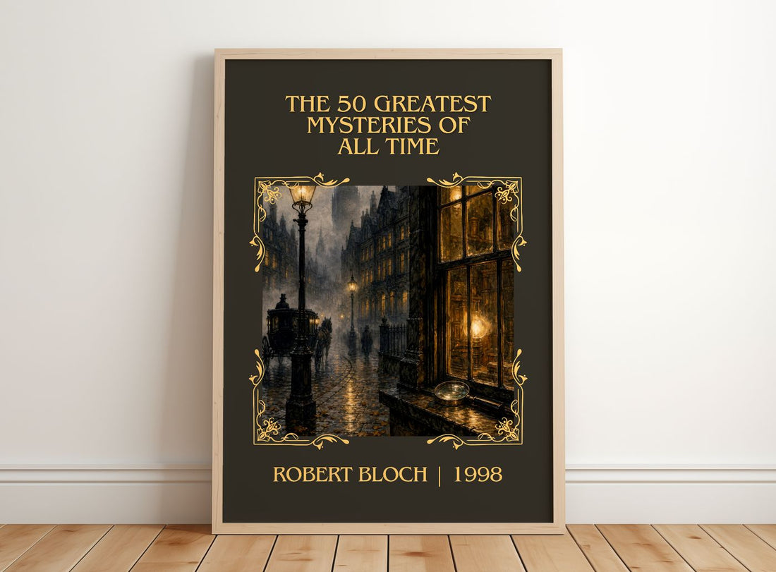 50 Greatest Mysteries of All Time Classic Book Art Print by R. Bloch – framed print leaning on a wooden floor