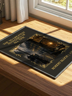 50 Greatest Mysteries of All Time Classic Book Art Print by R. Bloch – print on a sunlit desk