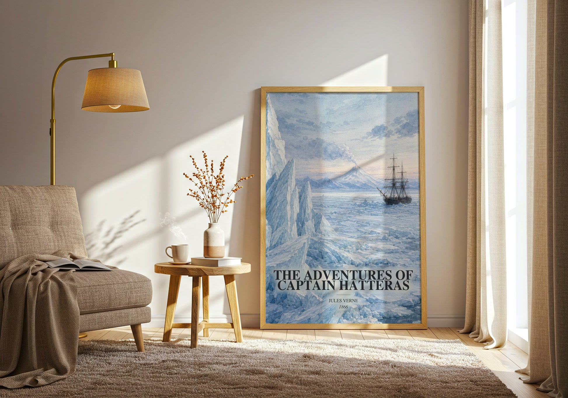 The Adventures Of Captain Hatteras watercolour print in frame leaning in hallway – adventure wall art