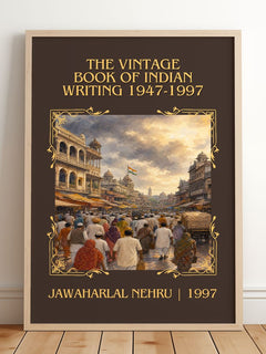 The Vintage Book of Indian Writing 1947-1997 Classic Book Art Print by Jawaharlal Nehru – framed print leaning on a wooden floor