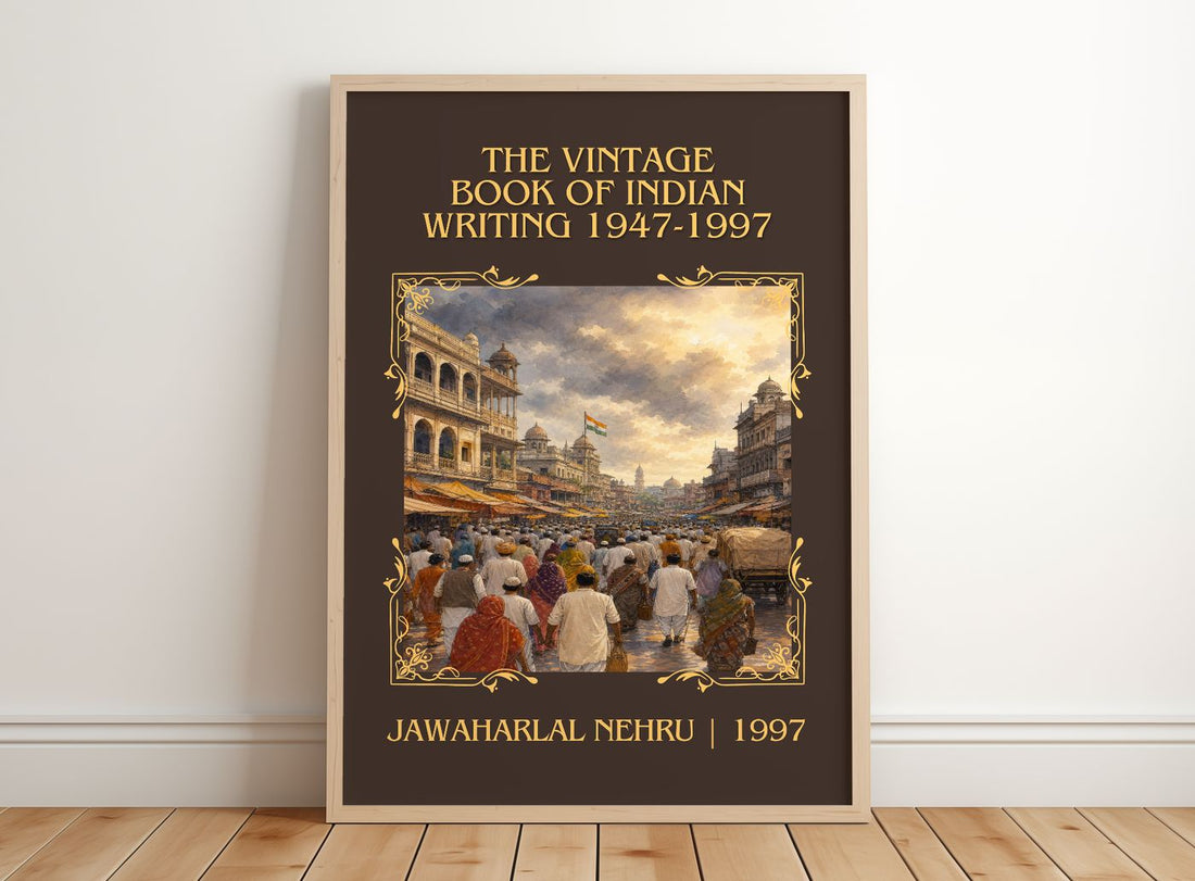 The Vintage Book of Indian Writing 1947-1997 Classic Book Art Print by Jawaharlal Nehru – framed print leaning on a wooden floor