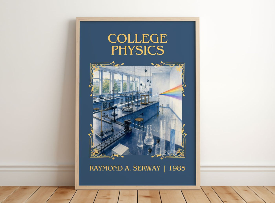 College physics Classic Book Art Print by Raymond A. Serway – framed print leaning on a wooden floor