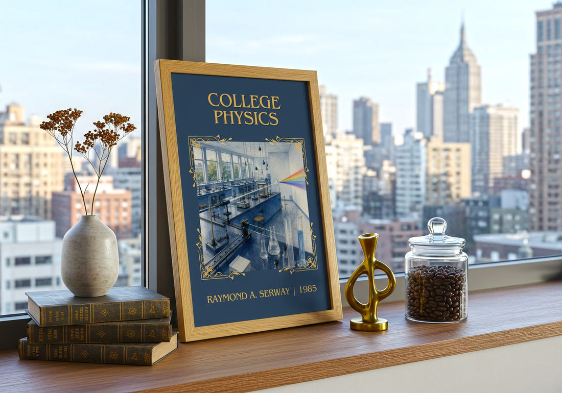 College physics Classic Book Art Print by Raymond A. Serway – framed print on a city-view windowsill