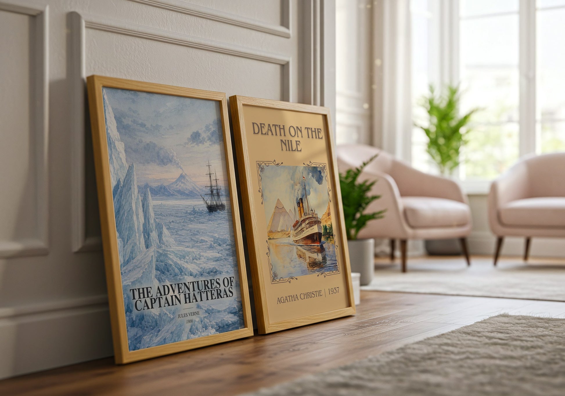 The Adventures Of Captain Hatteras watercolour print framed by window – literary home decor