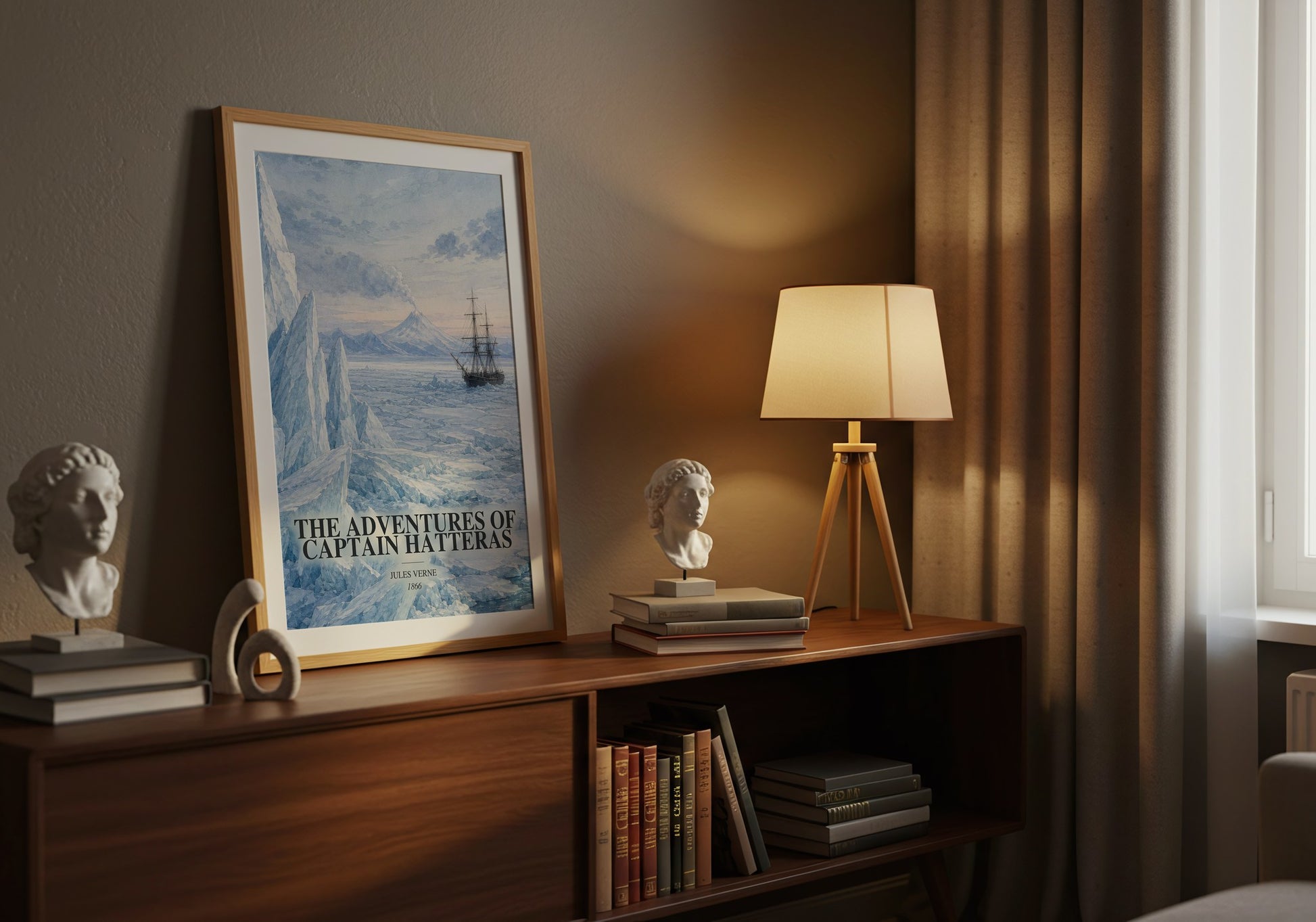 The Adventures Of Captain Hatteras watercolour print on bookshelf – Jules Verne fan gift