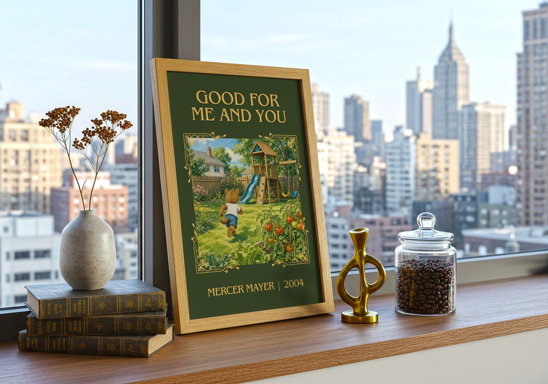 Good for Me and You Classic Book Art Print by Mercer Mayer – framed print on a city-view windowsill