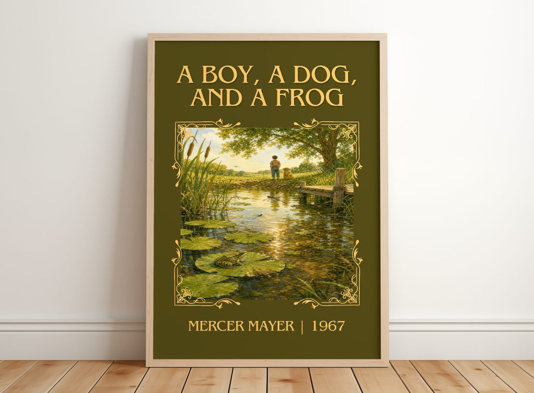 A Boy, a Dog, and a Frog Classic Book Art Print by Mercer Mayer – framed print leaning on a wooden floor