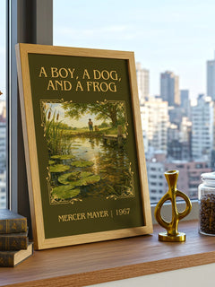 A Boy, a Dog, and a Frog Classic Book Art Print by Mercer Mayer – framed print on a city-view windowsill