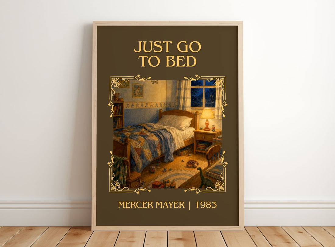 Just Go to Bed Classic Book Art Print by Mercer Mayer – framed print leaning on a wooden floor