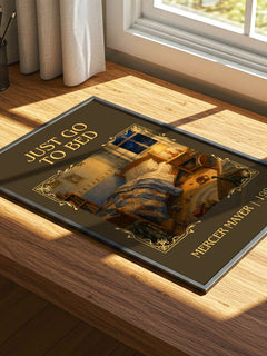 Just Go to Bed Classic Book Art Print by Mercer Mayer – print on a sunlit desk