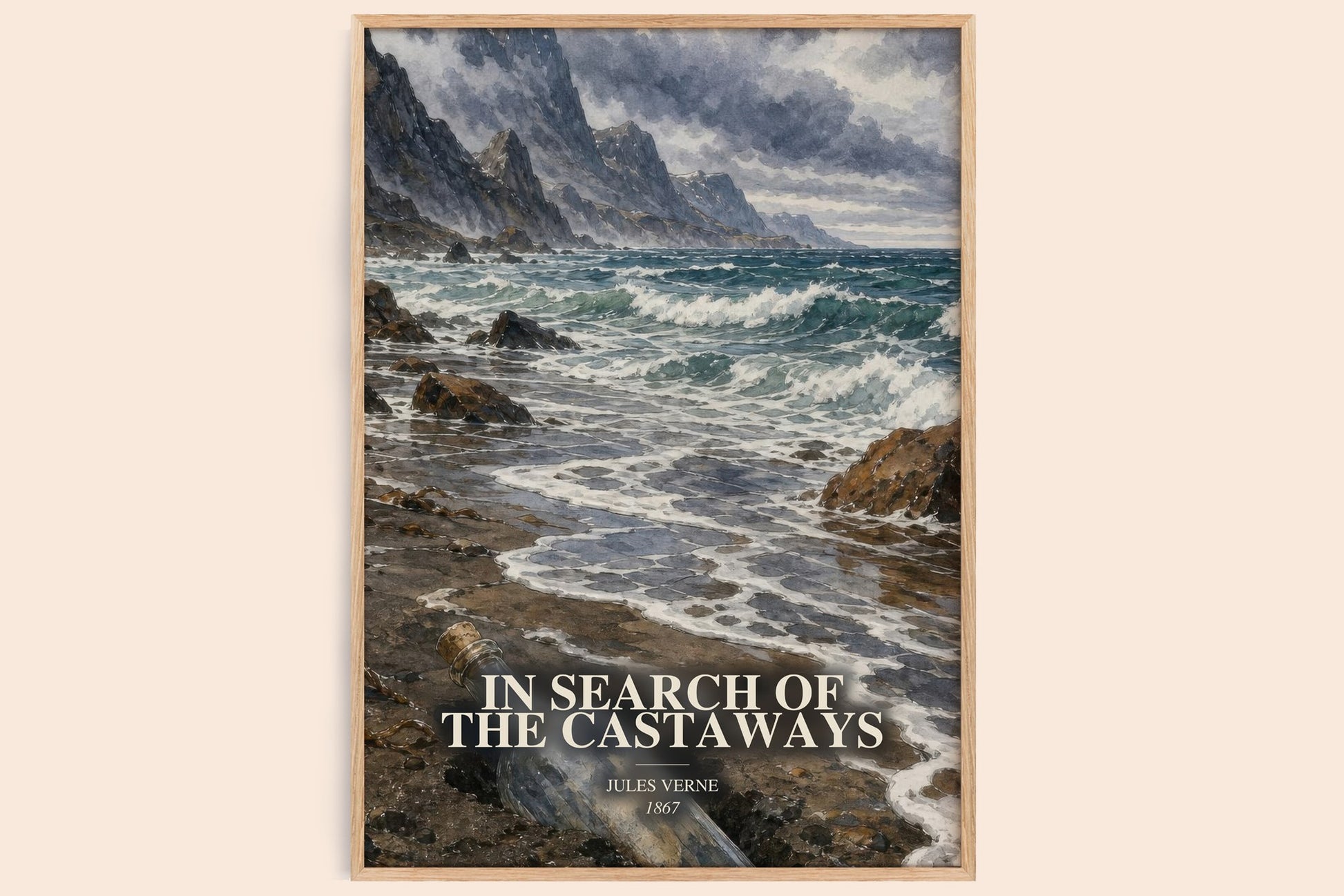 In Search Of The Castaways watercolour book poster by Jules Verne – framed literary art print