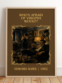 Who's Afraid of Virginia Woolf? Classic Book Art Print by Edward Albee – framed print leaning on a wooden floor