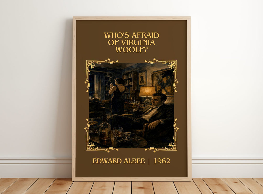 Who's Afraid of Virginia Woolf? Classic Book Art Print by Edward Albee – framed print leaning on a wooden floor