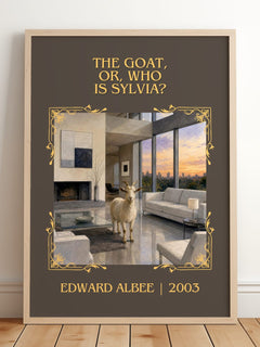 The goat, or, Who is Sylvia? Classic Book Art Print by Edward Albee – framed print leaning on a wooden floor