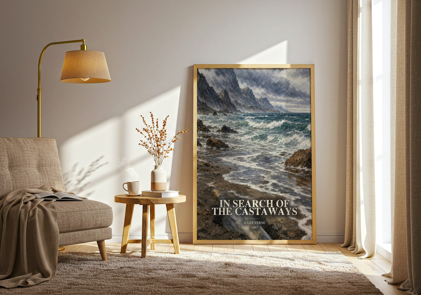 In Search Of The Castaways watercolour print in frame leaning in hallway – adventure wall art